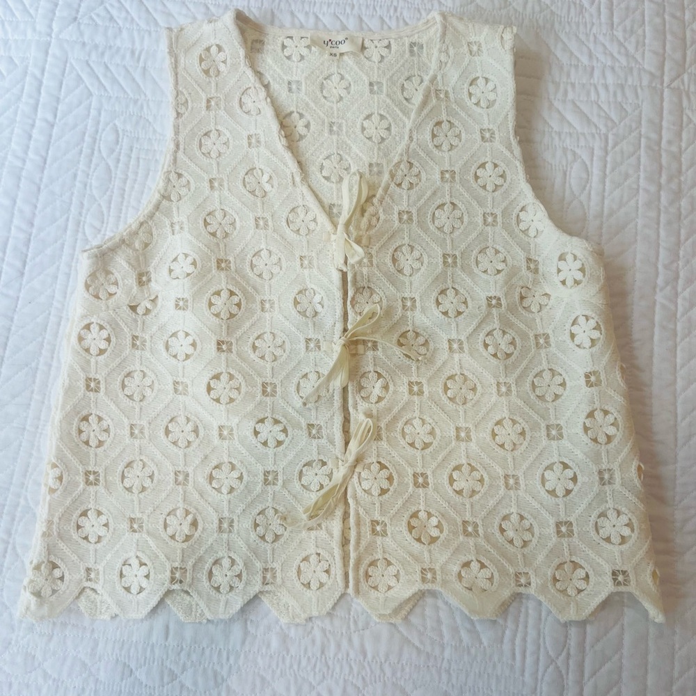 Y'coo Paris Cream Crochet Tie-Front Vest XS